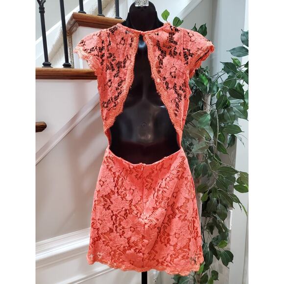 Signature8 Women Red Lace Floral Open Back Short Sleeve Knee Length Dress Small - Picture 7 of 14